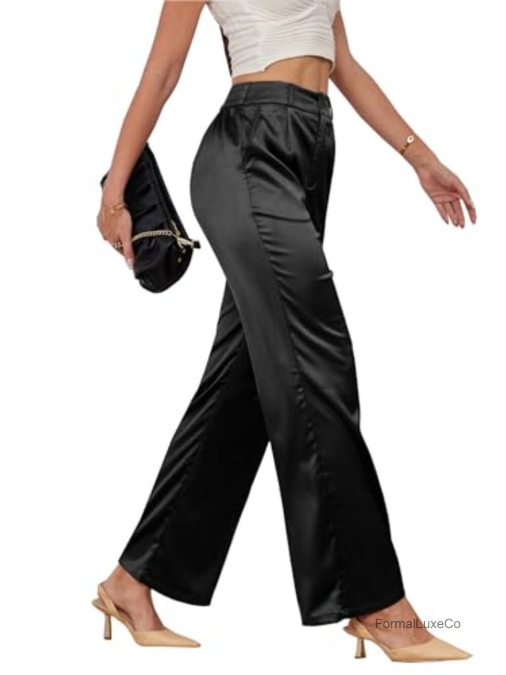 Wide Leg Satin Palazo Pants High Waisted Work Pants Flowy with Pockets